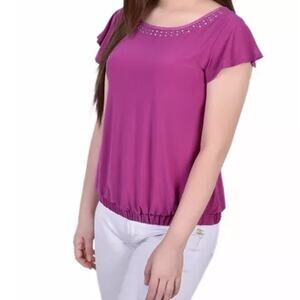 NY Collection Plus Size Flutter Sleeve top with studded  neckline Top| Size 3X